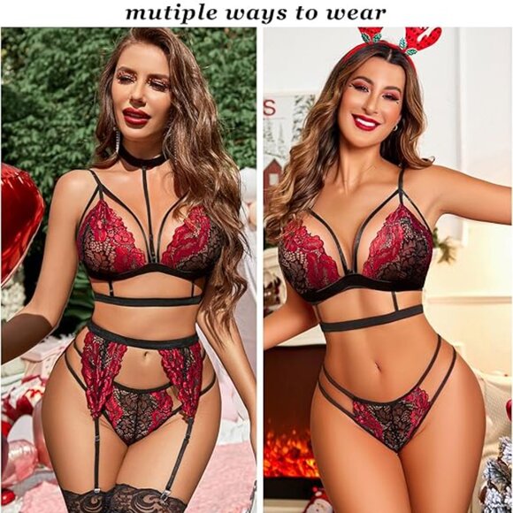 Lace Garter Lingerie Set W/Removable Choker Teddy Babydoll Strappy Bra&Panty Set - Picture 3 of 5